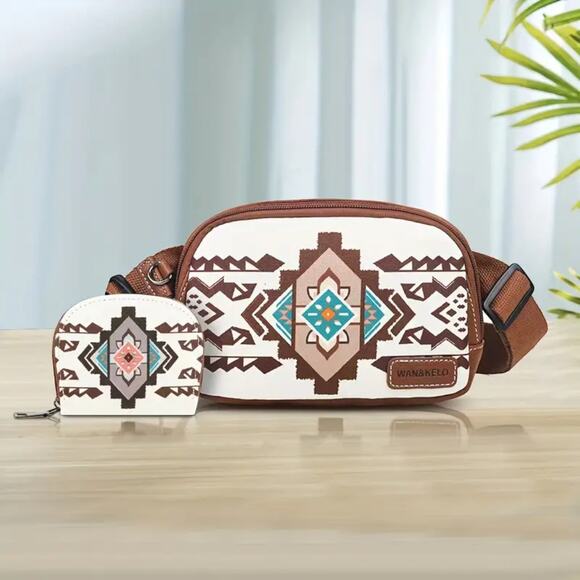 Aztec Print Crossbody Bag Set Canvas White Brown 2pc Western Style NWT Boho - Picture 6 of 6